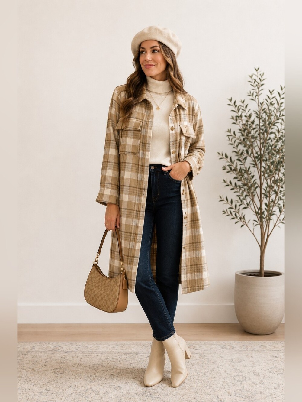 Plaid Longline Shacket Coat in Beige